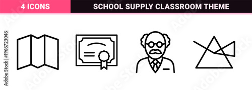 Academic Education and E-Learning Thin Line Outline Icon Set featuring School Supplies, Graduation, and Science Research Geometric Line Art.