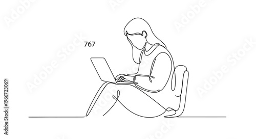 Woman typing on laptop, continuous line drawing, minimalist, remote work, study, online education