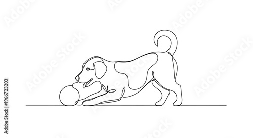 Continuous line drawing of a playful dog with a ball, simple art, minimalist, black and white sketch