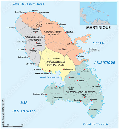 Administrative map of the Caribbean island of Martinique, France