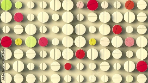3D animation featuring a pattern of white pills with random bright red, yellow, and green accents. Seamless looping graphics bring a pharmaceutical background to life