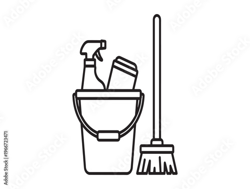 Cleaning supplies, bucket and broom, janitorial tools, vector icons isolated on White Background