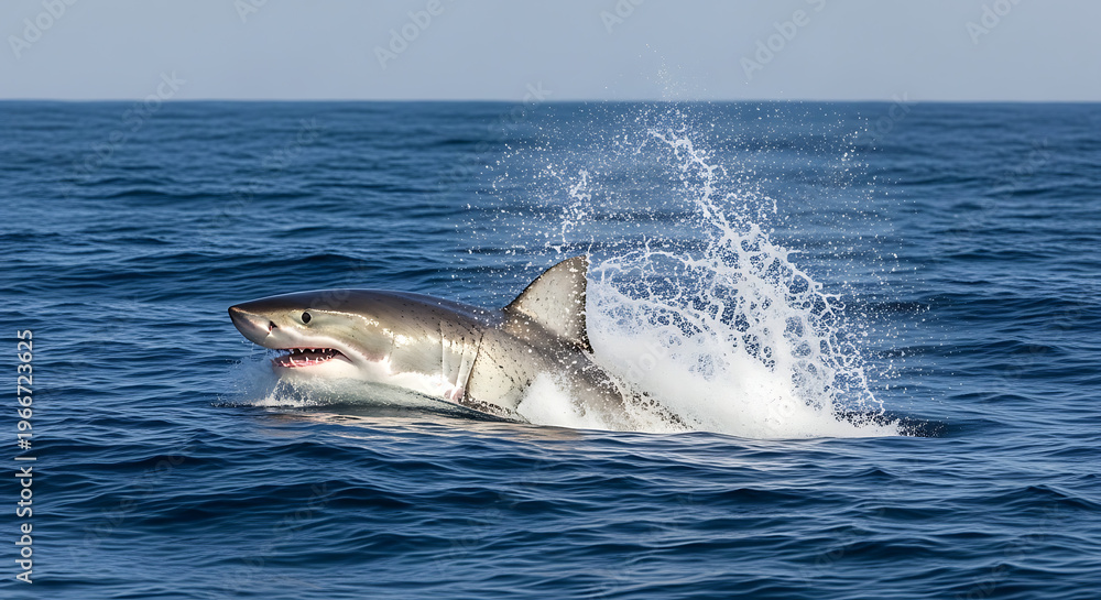 Fototapeta premium Great white shark breaching ocean surface, powerful marine predator in action