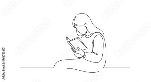 Continuous line drawing of a woman reading a book, minimalist style, isolated on white.