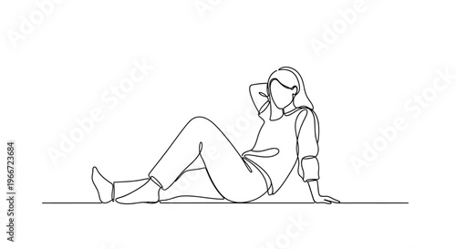 Minimalist line art of a woman relaxing on the floor, casual pose, one continuous stroke drawing