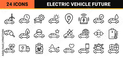Sustainable Electric Vehicle Infrastructure and Green Mobility Monoline Icon Set. Minimalist Geometric Line Art for Renewable Energy.