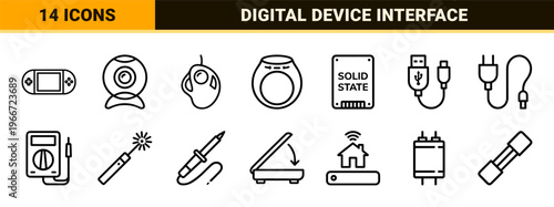 Technology and Electronic Hardware Monoline Outline Symbols for Digital Interface Design and Consumer Electronics Product Categorization
