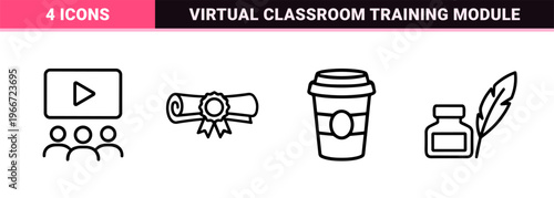E-Learning and Online Education Geometric Line Art Set featuring Minimalist Monoline Symbols for Digital Webinars and Virtual Schools.
