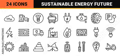 Sustainable Electric Vehicle Infrastructure and Green Energy Transportation Minimalist Monoline Geometric Outline Line Art Set