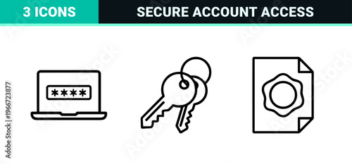 Cyber Security and User Authentication Minimalist Monoline Icon Set, Geometric Line Art for Digital Privacy and Secure Login Interfaces.
