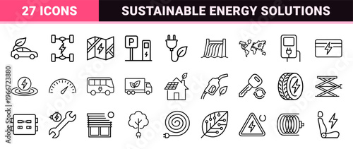 Electric Vehicle Charging and Green Energy Infrastructure. Minimalist monoline geometric line art for sustainable transport and technology.