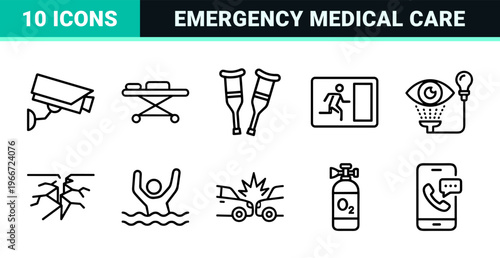 Emergency and Accident Safety Minimalist Monoline Outline Icon Set for First Response Medical Care and Disaster Management Utility