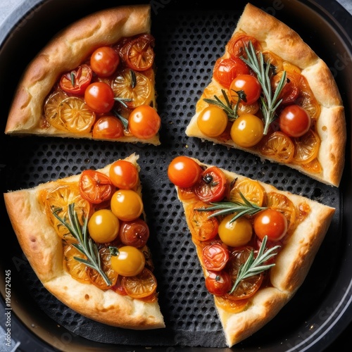 Delicious Homemade Pizza Topped with Fresh Tomatoes and Rosemary in an Air Fryer Basket