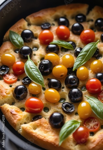 Delicious Focaccia Bread Topped with Fresh Tomatoes, Olives, and Basil Leaves