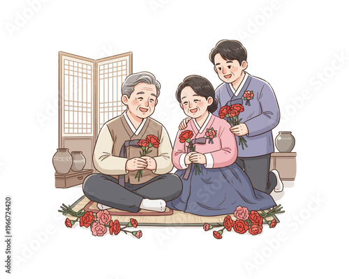 A heartwarming illustration of a family in traditional Korean Hanbok celebrating with red carnations, showing respect and love.