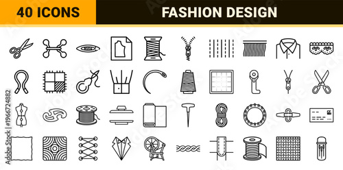 Tailoring and Sewing Equipment Minimalist Monoline Icon Set, Geometric Line Art for Fashion Design and Garment Manufacturing Industry