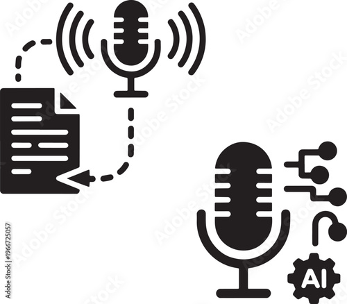 AI transcription, voice recognition, microphone icons, speech to text, audio analysis, vector graphics