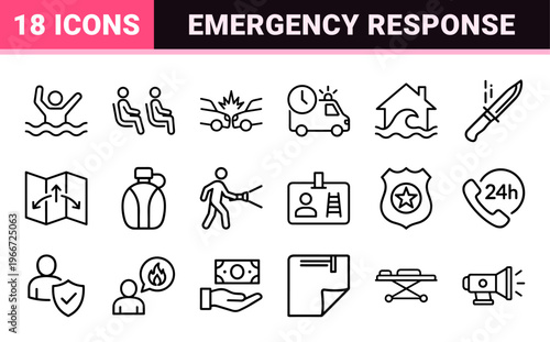 Emergency Response and Public Safety Minimalist Monoline Outline Icon Set for Civil Defense and Urgent Medical Assistance Branding
