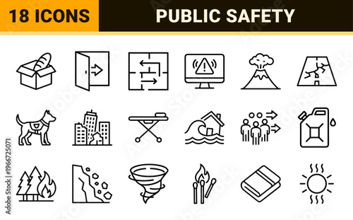 Emergency Evacuation and Disaster Response Line Icons featuring Minimalist Geometric Style for Public Safety and Crisis Management Signage