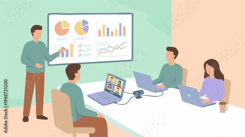 Business team meeting with presentation, data analysis, and video conference