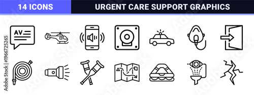 Emergency Response and Public Safety Minimalist Monoline Icon Set featuring Geometric Line Art for Urgent Assistance and Rescue Services.
