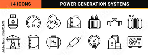 Energy Fuel and Power Generation Systems Infrastructure. Minimalist monoline geometric line art for industrial and commercial utility design.
