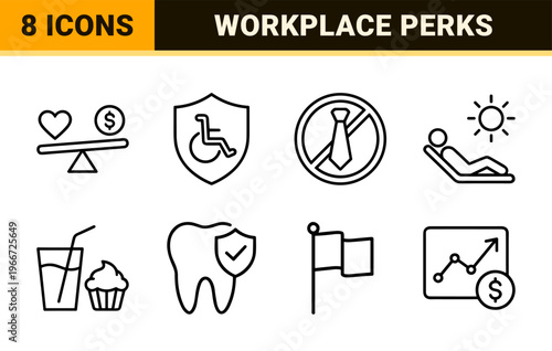 Employee Benefits and Corporate Wellness Outline Icons: Minimalist Monoline Design for Human Resources and Workplace Perks Management.