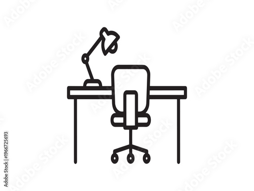 Office workspace, desk with chair, minimalist line art, black and white icon isolated on White Background