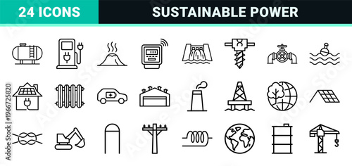 Sustainable Energy and Industrial Power Infrastructure Minimalist Monoline Geometric Line Art for Commercial Engineering Technical Schematics