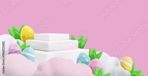 Easter eggs and square podium stands, pedestal in clouds with leaves, 3D cartoon plasticine style vector presentation