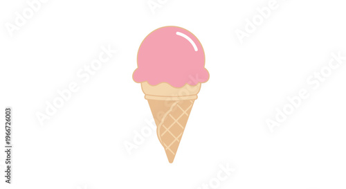 A pink ice cream scoop sits atop a waffle cone on a white background illustration.