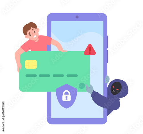 Hacker sealing credit card information. Scammer hack credit card for money through app or website. Concept of cyber crime,  online fraud and phissing scam, warning. Flat desing vector illustration.