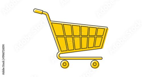 A yellow shopping cart with wheels on a white background.