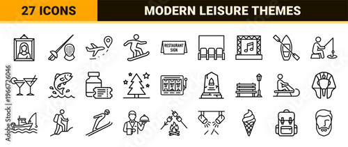 Global Travel and Leisure Entertainment Monoline Grid; Minimalist Geometric Outline Symbols for Modern Lifestyle and Vacation Mapping