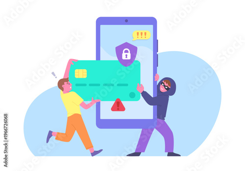Scammer hacks credit card for money through app or website. Hacker sealing credit card information. Concept of cyber crime,  online fraud and phissing scam, warning. Flat desing vector illustration.