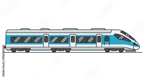 Modern blue and white train illustration on a track