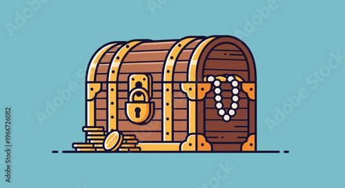 An illustration of a treasure chest with gold coins and pearls on a blue background.