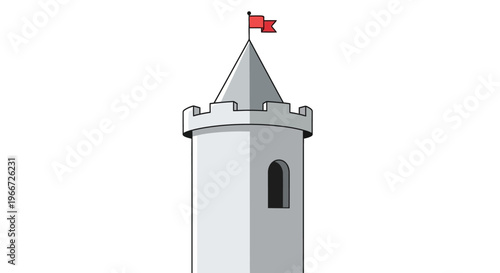 An illustration of a tall gray castle tower with a flag on top