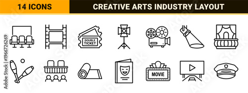 Entertainment and Cinema Media Production Monoline Outline Icons featuring Ultra Minimalist Geometric Line Art for Digital Content Creation