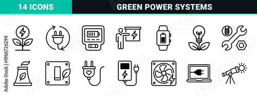 Sustainable Energy Efficiency and Green Technology Minimalist Geometric Line Art Outline Symbols for Ecology and Environmental Conservation.