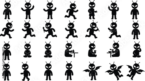 Cute alien silhouette set collection featuring extraterrestrial characters in various poses like running sitting eating and flying for science fiction space and galaxy themes