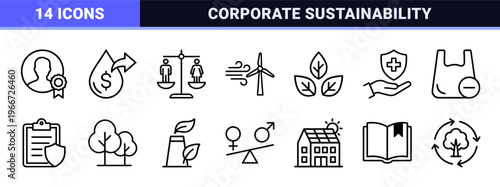 Minimalist monoline ESG icons for corporate sustainability reporting. Clean geometric line art representing environmental social governance.