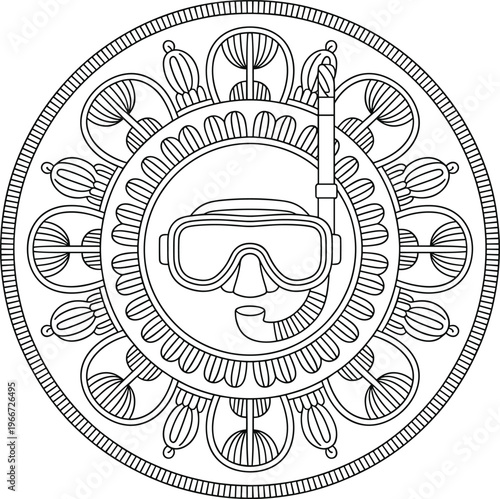 Scuba diving mask and snorkel inside a circular mandala pattern