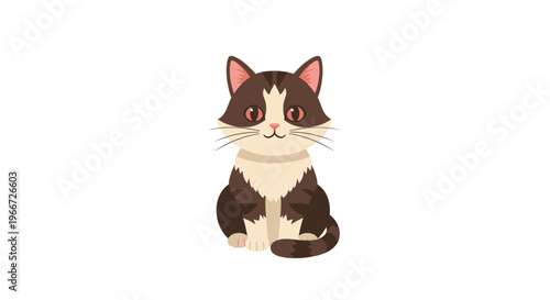An adorable brown and white cartoon cat sits on a plain background looking directly at the viewer.