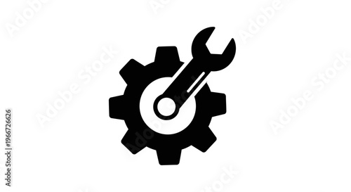 A black illustration of a wrench on a gear symbolizes industry and maintenance.