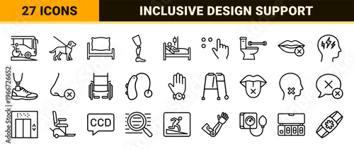 Disability Accessibility and Inclusive Design Icon Set featuring Minimalist Monoline Geometric Line Art for Universal Healthcare UI.