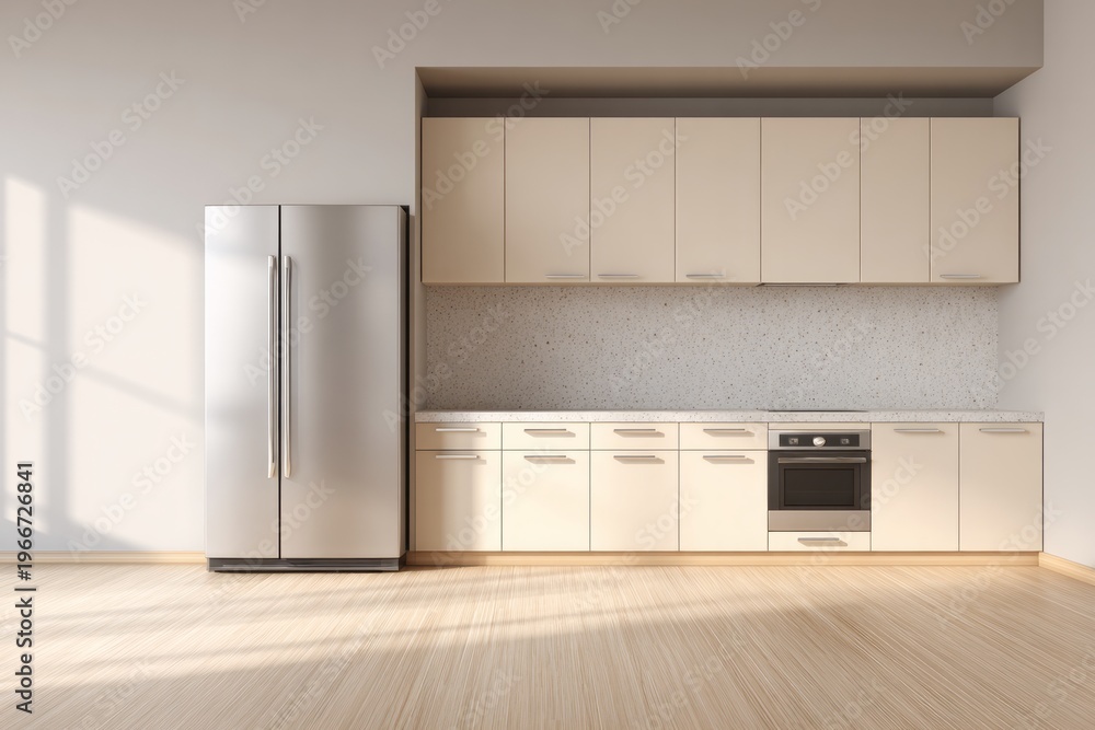 Fototapeta premium A modern kitchen features stainless steel appliances and light wood flooring.