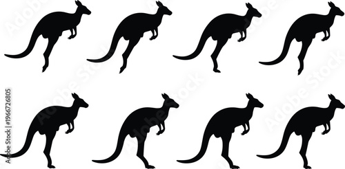 Kangaroo silhouette set collection featuring Australian macropod wildlife in jumping and standing poses for nature design travel themes and outback animal graphic projects