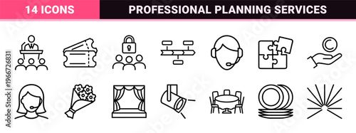 Professional Event Planning and Management Outline Icons Featuring Minimalist Monoline Geometric Line Art for Corporate and Social Occasions