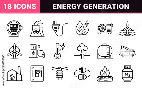 Energy and Utilities Infrastructure Minimalist Monoline Vector Outline Concept for Sustainable Power Generation and Grid Management
